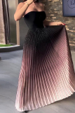 Black Gradient Ombre Sleeveless Long Pleated Hem Sparkling Strapless Maxi Dress Embellished Decor Holiday Party Outfits