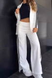 White Office Lady Stripe Turn-back Collar Long Sleeve Blazer and Slit Wide Leg Pants Two Pieces Suit Sets