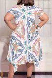 Light Blue Tie Dye Striped Pritn O Neck Short Sleeve Pocket Irregular Hem Casual Outing Plus Size Straight Loose Midi Dress