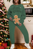 Army Green Christmas Casual Print Round Neck Long Sleeve Sweatshirt and Sweatpants Fall Winter Two Pieces Sweatsuit Sets