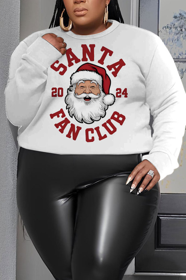 White Red Christmas Casual Santa Claus Round Neck Long Sleeve Fall Winter Tops Sweatshirts