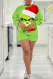 Green Christmas Grinch Print Round Neck Long Sleeve Sweatshirt and Shorts Two Pieces Matching Sets