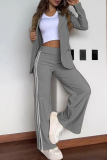 White Office Lady Stripe Turn-back Collar Long Sleeve Blazer and Slit Wide Leg Pants Two Pieces Suit Sets