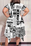 Light Blue Tie Dye Striped Pritn O Neck Short Sleeve Pocket Irregular Hem Casual Outing Plus Size Straight Loose Midi Dress