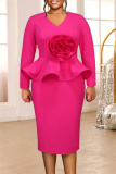 Rose Red Deep V Neck Long Sleeve Large Floral Applique Waist Cocktail Party Wedding Bodycon Peplum Midi Dress