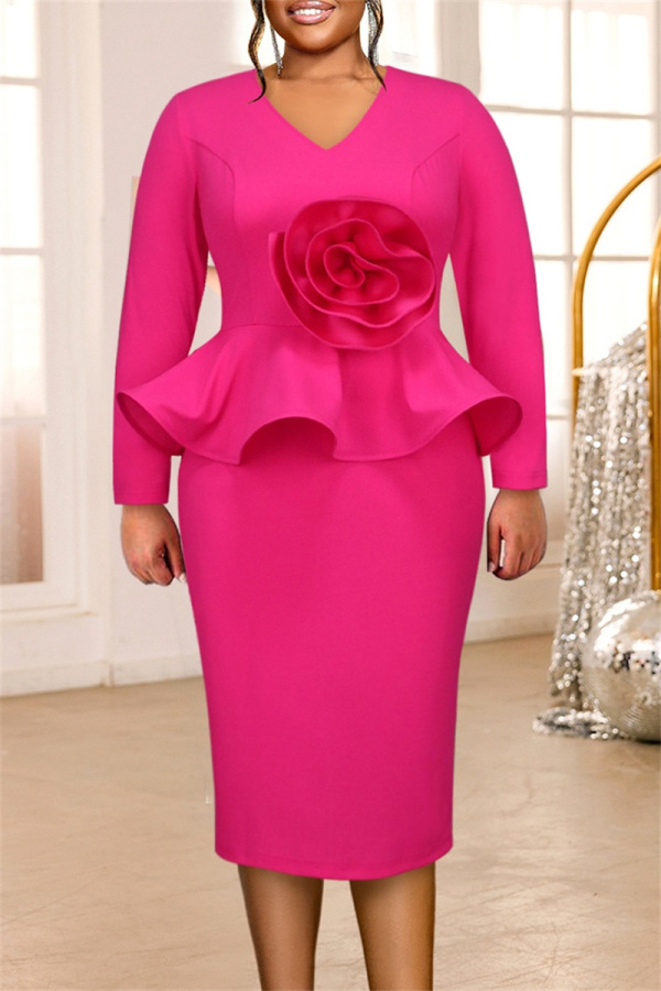Rose Red Deep V Neck Long Sleeve Large Floral Applique Waist Cocktail Party Wedding Bodycon Peplum Midi Dress