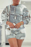 Green Casual Faux Denim Print Round Neck Long Sleeve Sweatshirt and Shorts Two Pieces Matching Sets