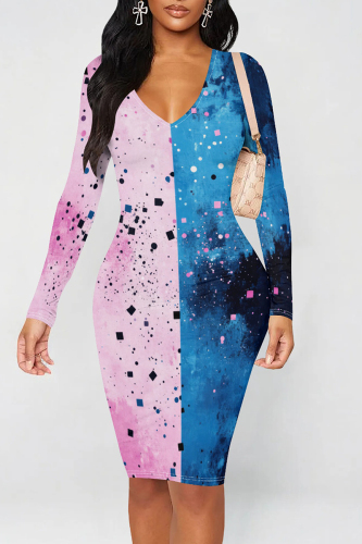 Blue Pink Graphic Print V Neck Long Sleeve Knee Length Casual Outing Wrap Midi Dress