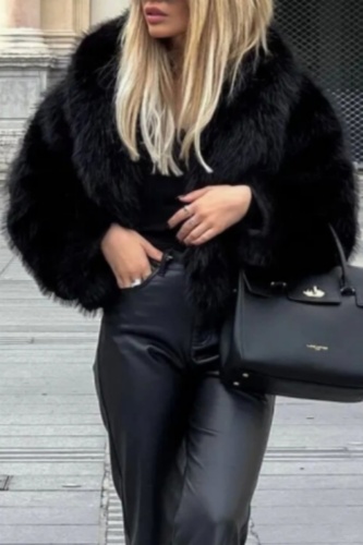 Black Faux Fur Casual Lapel Collar Cardigan Long Sleeve Fall Winter Outerwear Cardigan Coats