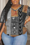 Blue Plus Size Casual Faux Denim Print V Neck Short Sleeve T-Shirts Tees