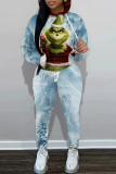 White Blue Christmas Casual Print Hooded Long Sleeve Sweatshirt and Sweatpants Two Pieces Sweatsuits Sets