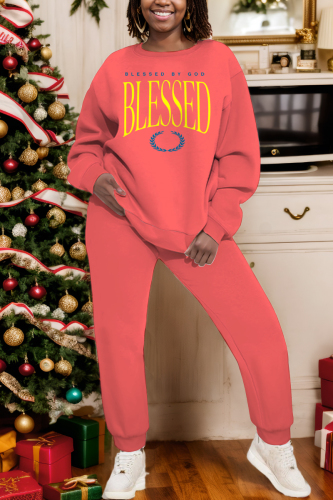 Dark Blue Casual Letter Print Round Neck Long Sleeve Sweatshirts and Sweatpants Fall Winter Two Pieces Sweatsuits Sets