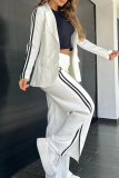 White Office Lady Stripe Turn-back Collar Long Sleeve Blazer and Slit Wide Leg Pants Two Pieces Suit Sets