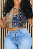 Blue Plus Size Skinny Casual Faux Denim Print Round Neck Short Sleeve T-Shirts Tees