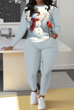 White Blue Christmas Casual Snowman Round Neck Long Sleeve Sweatshirt and Sweatpant Fall Winter Two Pieces Sweatsuits Sets