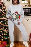 Army Green Christmas Casual Print Round Neck Long Sleeve Sweatshirt and Sweatpants Fall Winter Two Pieces Sweatsuit Sets
