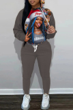 Brown Christmas Casual Girl Print Hooded Long Sleeve Sweatshirt and Drawstring Sweatpants Two Pieces Sweatsuit Sets
