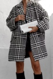 Black Woolen Houndstooth Casual Cardigan Turndown Collar Long Sleeve Fall Winter Outerwear Blazer Coats