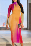 Orange Red Geometric Gradient Print Mock Neck Long Sleeve Casual Outin Vacation Bodycon Pencil Maxi Dress