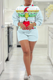 Green Christmas Grinch Print Round Neck Long Sleeve Sweatshirt and Shorts Two Pieces Matching Sets