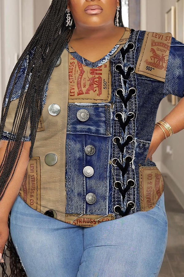 Blue Plus Size Casual Faux Denim Print V Neck Short Sleeve T-Shirts Tees