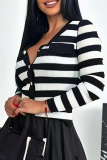 Black White Casual Stripe Weave Contrast Button up V Neck Long Sleeve Knitted Outerwear Cardigan Coats Tops