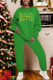 Dark Blue Casual Letter Print Round Neck Long Sleeve Sweatshirts and Sweatpants Fall Winter Two Pieces Sweatsuits Sets