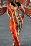 Grey Tie Dye Deep V Neck Long Sleeve Ankle Length Night Out Vacation Bodycon Maxi Dress Holiday Party Outfits