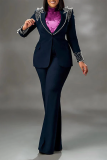 Black Business Wear Formal Office Lady Pocket Buttons Hot Drill Turn-back Collar Long Sleeve Blazer and Straight Leg Pants Two Pieces Sets
