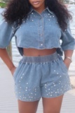 Light Blue Loose Casual Rhinestone Patchwork Elastic High Waist Denim Shorts