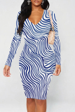 Blue Pink Graphic Print V Neck Long Sleeve Knee Length Casual Outing Wrap Midi Dress