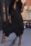 Black Loose Casual Buttons Turndown Collar Half Sleeve Low-end Wide Leg Jumpsuits