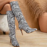 PU Casual Zebra Print Pointed Knee Lenght Thin High Heel Shoes Boots(Heel Height 4.33in)