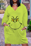 Yellow Green Cartoon Print V Neck Long Sleeve Casual Outing Christmas Straight Loose T Shirt Midi Dress