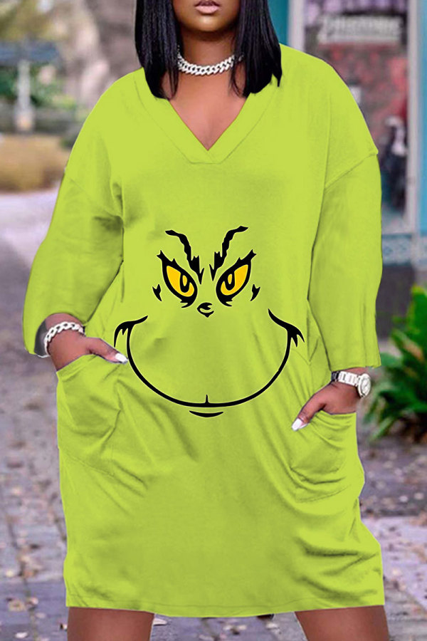Yellow Green Cartoon Print V Neck Long Sleeve Casual Outing Christmas Straight Loose T Shirt Midi Dress