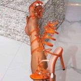 Orange Party Club Celebrities Slip-on Rhinestone Butterfly Square Thin High Heel Shoes Sandals(Heel Height 4.13in)