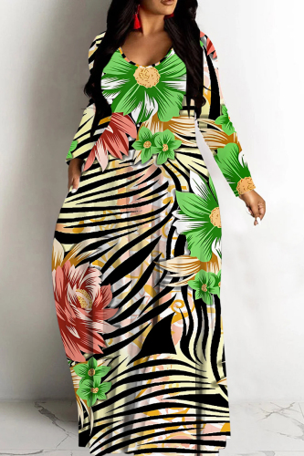 Blue Gold Figure Floral Print V Neck Long Sleeve Floor Length Casual Outing Straight Vacation Loose Maxi Dress