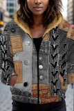 Blue Khaki Casual Faux Denim Print Zipper Hooded Long Sleeve Fall Winter Padded Outerwear Coats