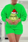 Green Christmas Grinch Print Round Neck Long Sleeve Sweatshirt and Shorts Two Pieces Matching Sets