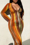 Grey Tie Dye Deep V Neck Long Sleeve Ankle Length Night Out Vacation Bodycon Maxi Dress Holiday Party Outfits
