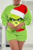 Green Christmas Grinch Print Round Neck Long Sleeve Sweatshirt and Shorts Two Pieces Matching Sets