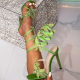 Orange Party Club Celebrities Slip-on Rhinestone Butterfly Square Thin High Heel Shoes Sandals(Heel Height 4.13in)