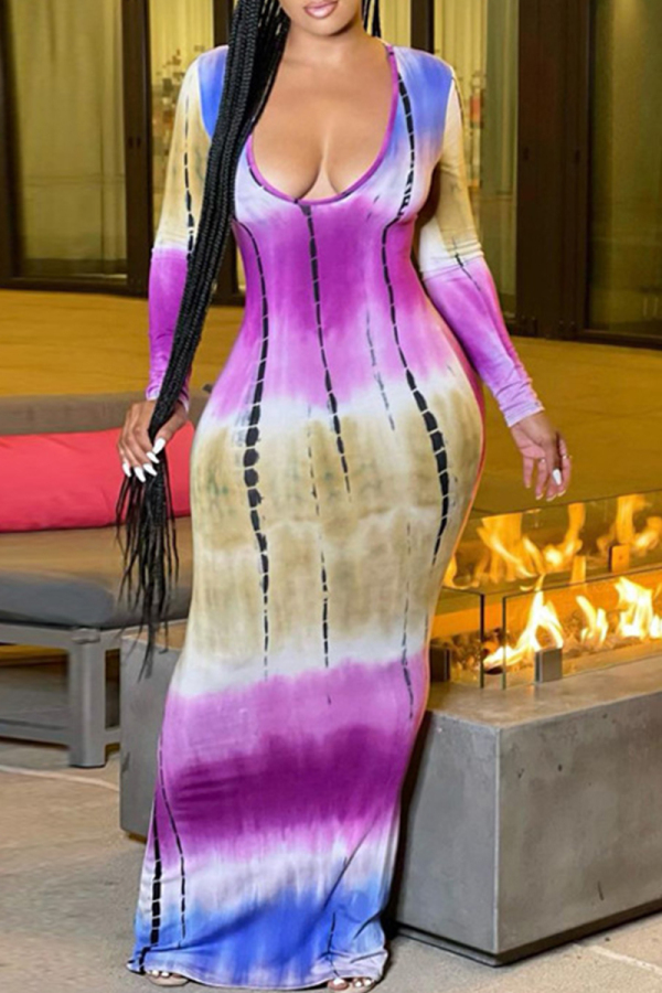 Grey Tie Dye Deep V Neck Long Sleeve Ankle Length Night Out Vacation Bodycon Maxi Dress Holiday Party Outfits