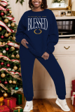 Dark Blue Casual Letter Print Round Neck Long Sleeve Sweatshirts and Sweatpants Fall Winter Two Pieces Sweatsuits Sets