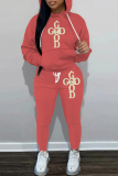 Brown Sportwear Casual Letter Print Hooded Long Sleeve Sweatshirt and Drawstring Sweatpants Two Pieces Sweatsuit Sets
