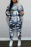 White Blue Christmas Casual Print Hooded Long Sleeve Sweatshirt and Sweatpants Two Pieces Sweatsuits Sets