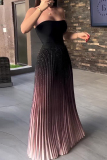 Black Gradient Ombre Sleeveless Long Pleated Hem Sparkling Strapless Maxi Dress Embellished Decor Holiday Party Outfits
