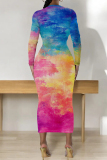 Blue Yellow Tie Dye O Neck Long Sleeve Ankle Length Casual Outin Vacation Bodycon Pencil Maxi Dress