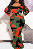 Camouflage Print O Neck Long Sleeve Floor Length Casual Outings Bodycon Fishtail Maxi Dress