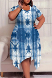Light Blue Tie Dye Striped Pritn O Neck Short Sleeve Pocket Irregular Hem Casual Outing Plus Size Straight Loose Midi Dress